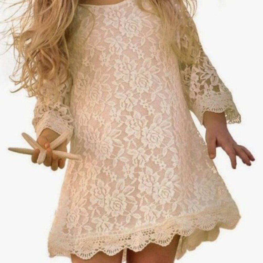 Cutiego Rustic Lace Scalloped Flower Girl Dress | 18M | Cream